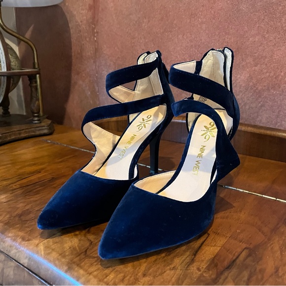 Nine West Shoes - Nine West 9 Technology Florent Velvet Strappy Point Toe Pumps Heels 7